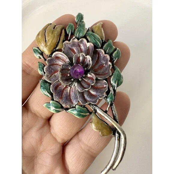 Vintage Enamel Flower Brooch Silver Tone - Picture 3 of 4